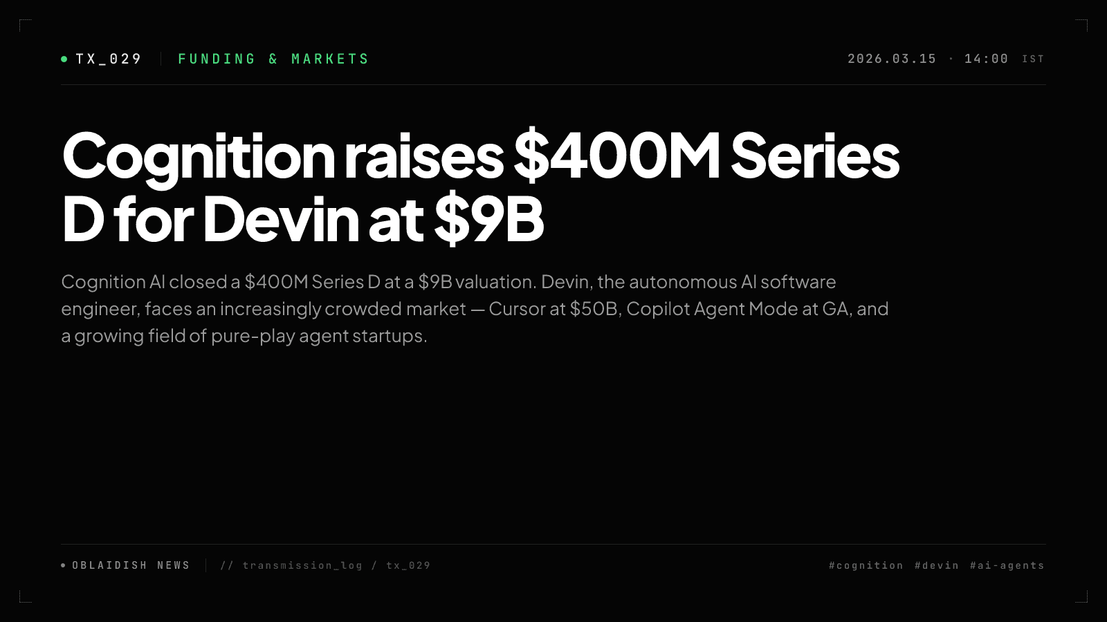 Cognition raises $400M Series D for Devin at $9B
