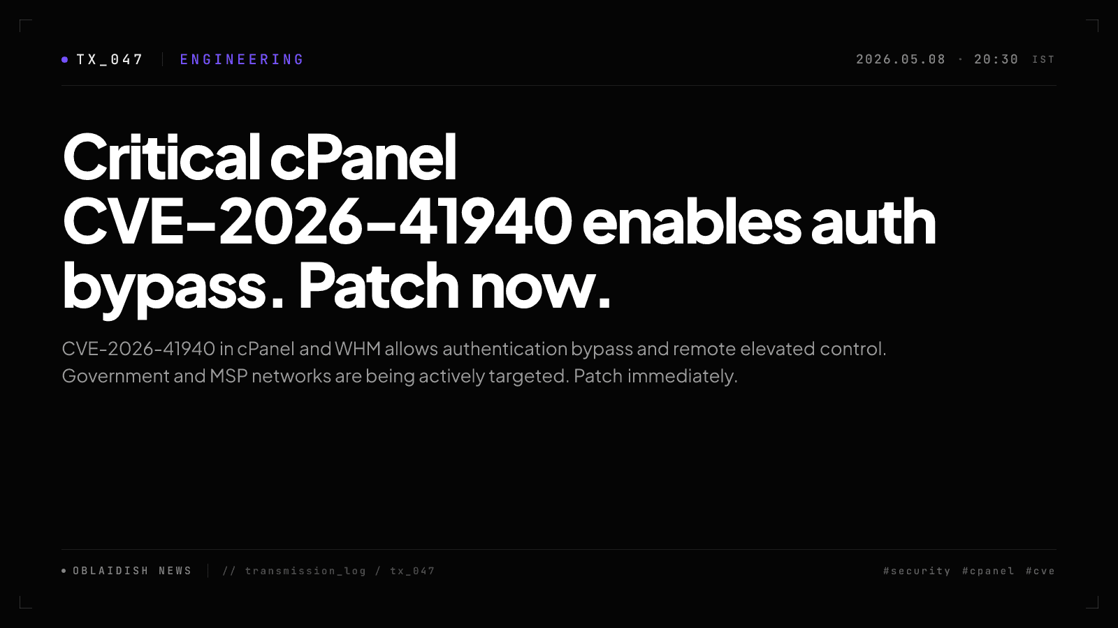 Critical cPanel CVE-2026-41940 enables auth bypass. Patch now.