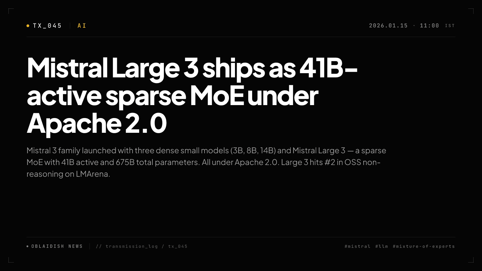Mistral Large 3 ships as 41B-active sparse MoE under Apache 2.0